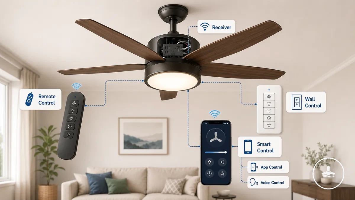 Vergleichsgrafik der Steuerungstypen Fernbedienung, Wandsteuerung und Smart-Steuerung für einen Deckenventilator mit Licht