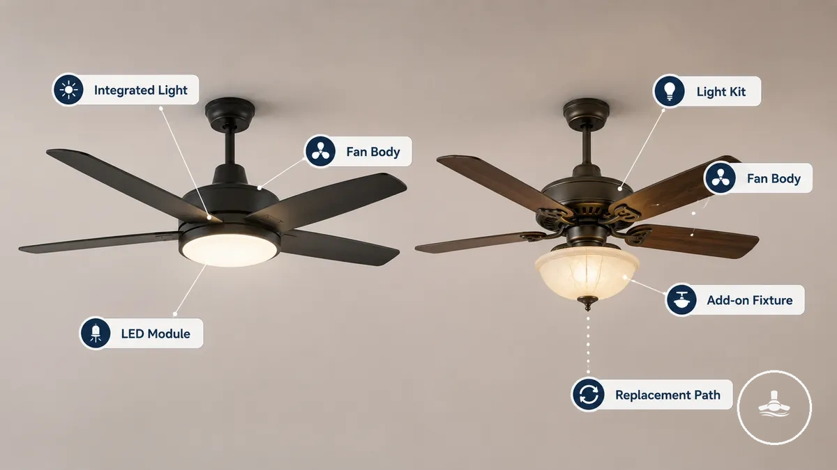 Diagramm eines Deckenventilators, das eine integrierte LED-Leuchte und ein separates Licht-Kit kennzeichnet