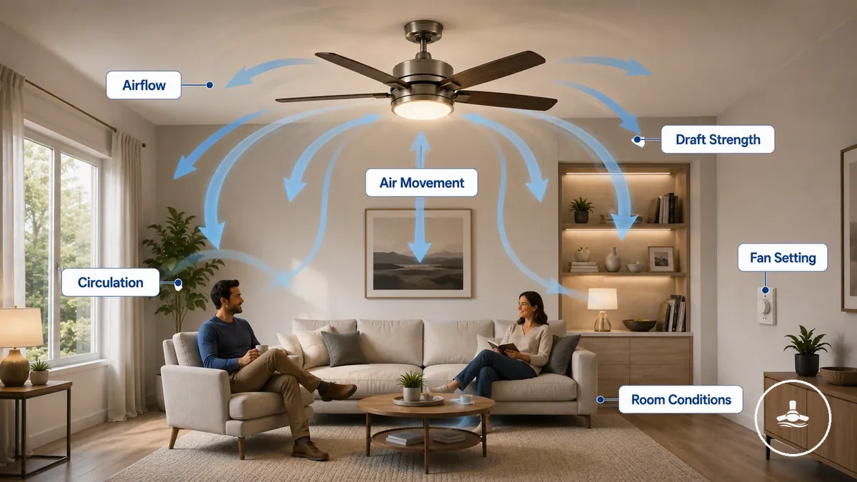 Diagramm, das den Luftstrom eines Deckenventilators mit Licht zeigt und wie die Luftbewegung den Raumkomfort beeinflusst