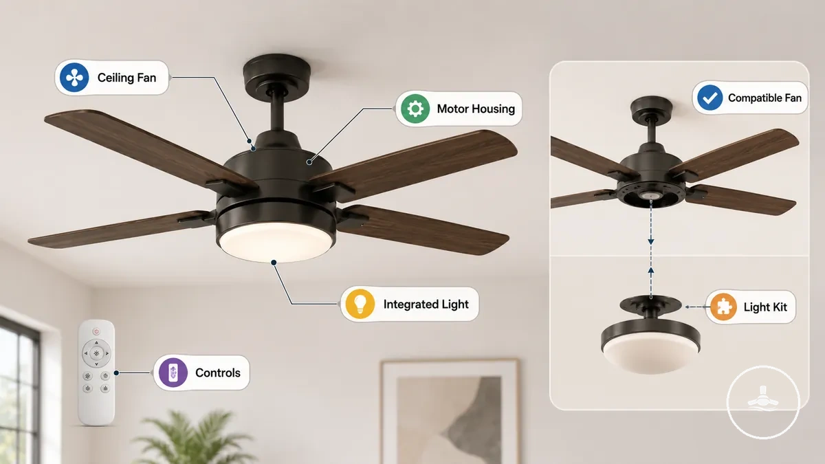Was ein Deckenventilator mit Licht bedeutet, mit beschrifteten Teilen des Ventilatorlichts