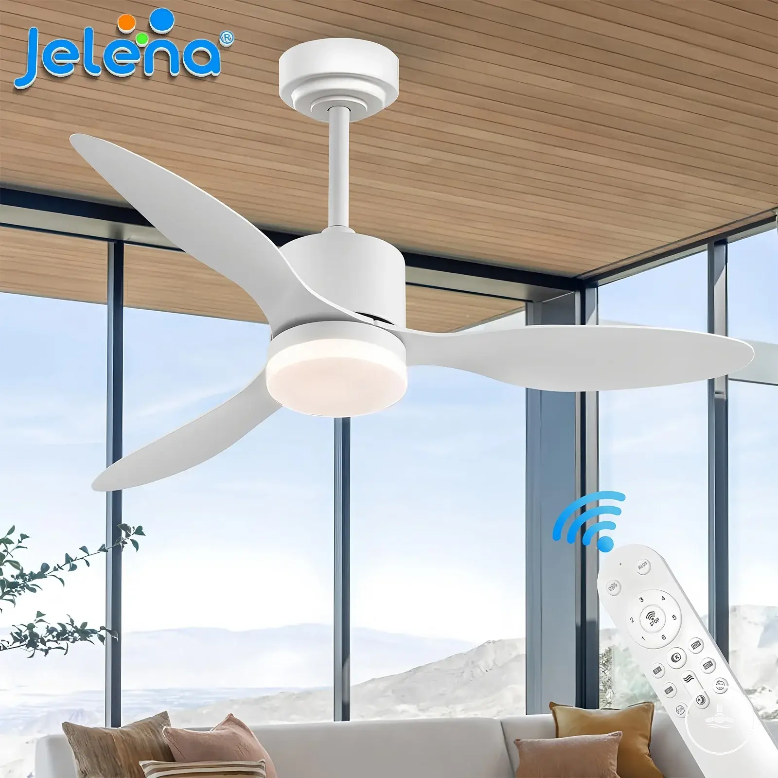 Low floor ceiling fan light with app control, remote control, and high wind power