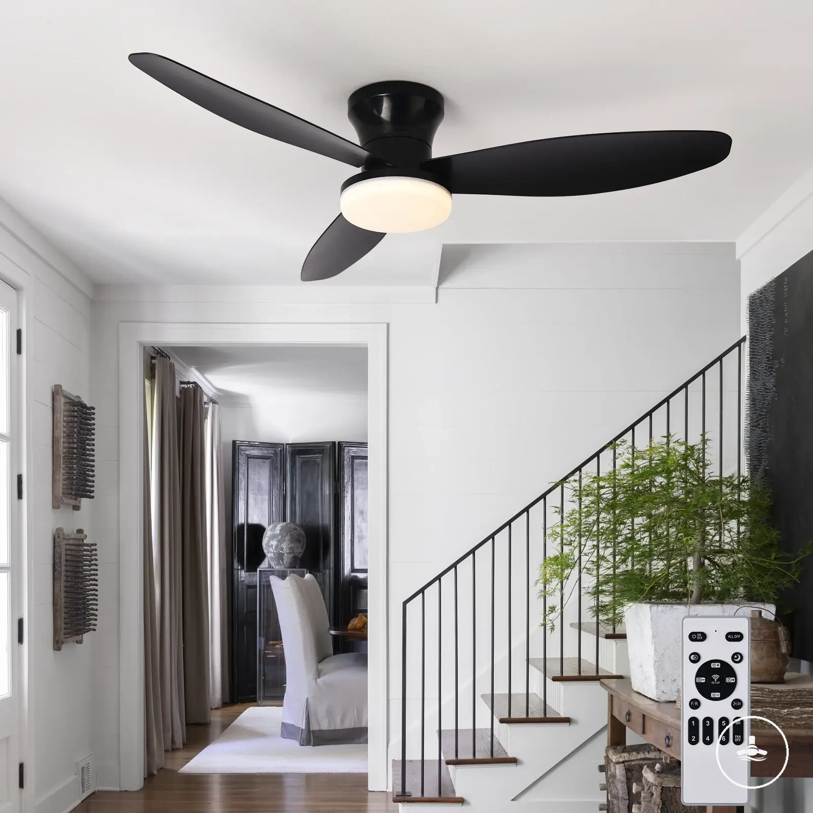 Three blade ceiling fan with light, remote control, timing, and speed settings