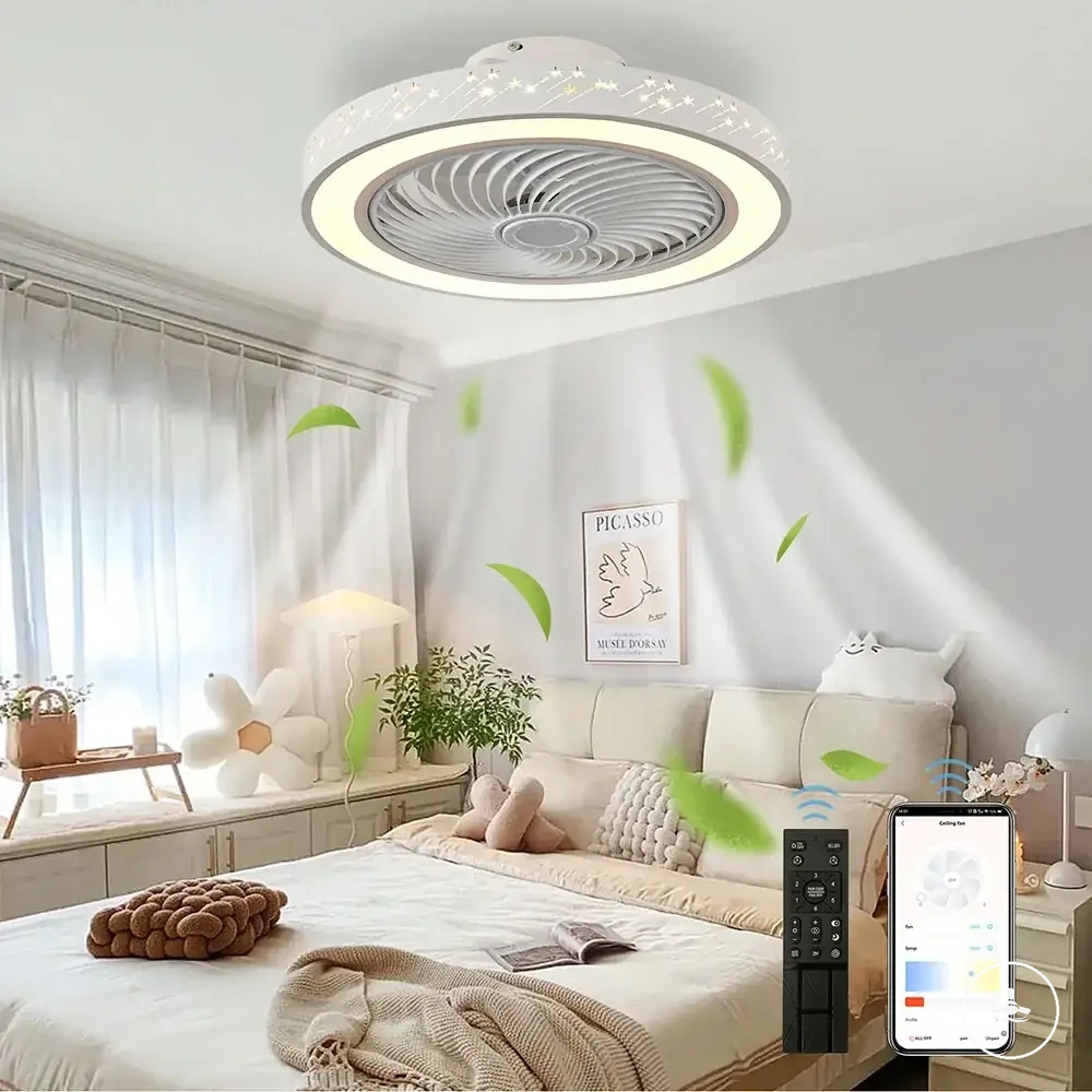 Ventilador de techo retráctil para dormitorio con luz, control por app y mando a distancia