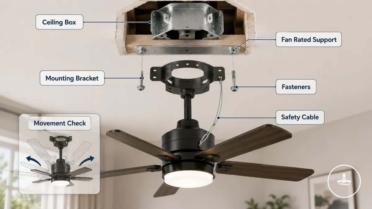 ventilador de techo con luz con soporte clasificado para ventilador y piezas de montaje etiquetadas