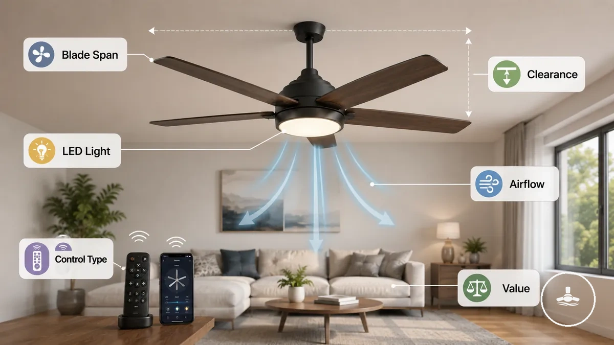 Criterios de selección de ventilador de techo con luz que muestran diámetro de aspas, espacio libre, iluminación y características de control