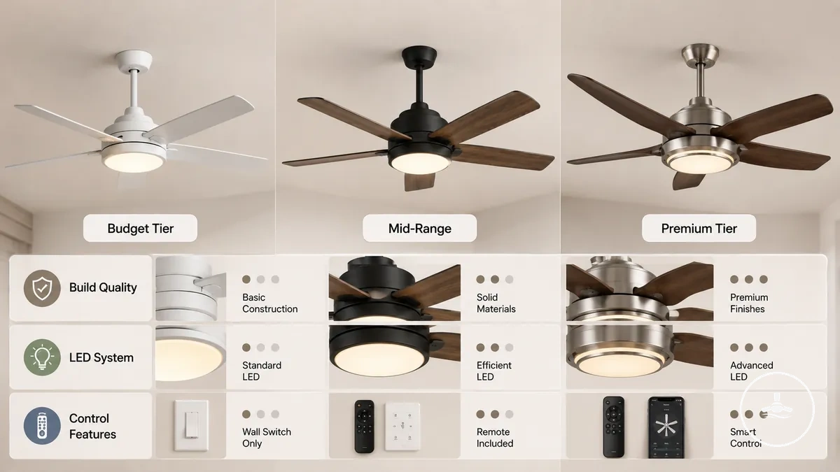 Comparación de niveles de precios de ventiladores de techo con luz por características y calidad de construcción