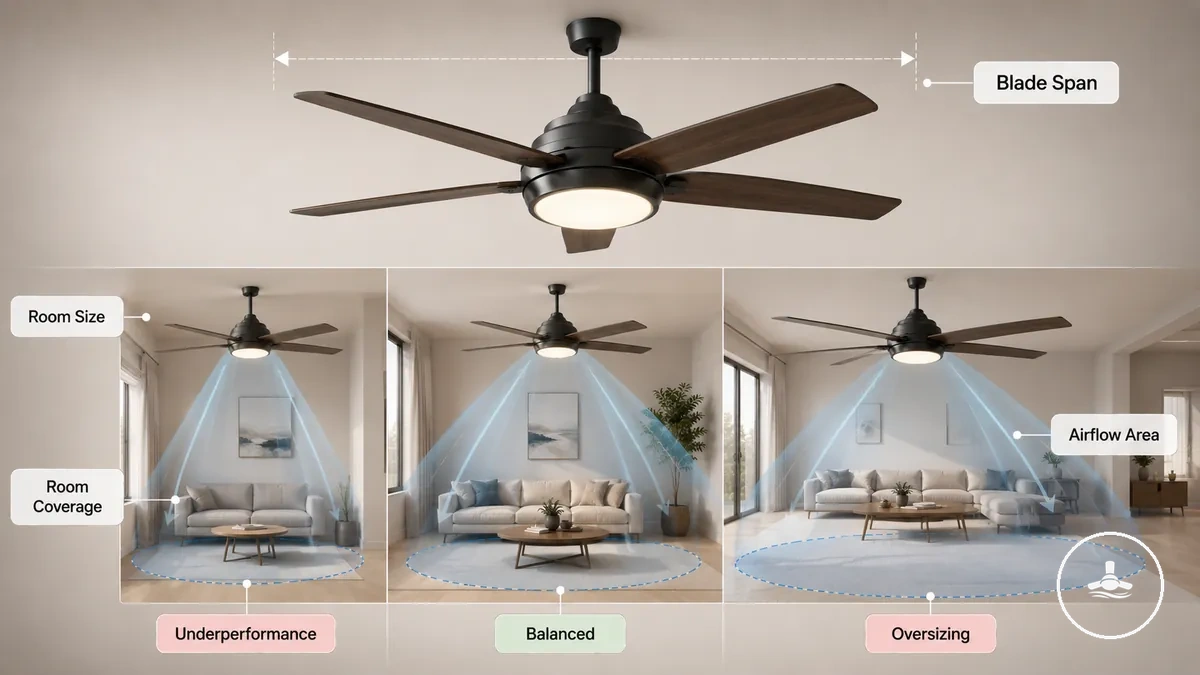 Envergadura de las aspas y cobertura de la estancia para un ventilador de techo con luz