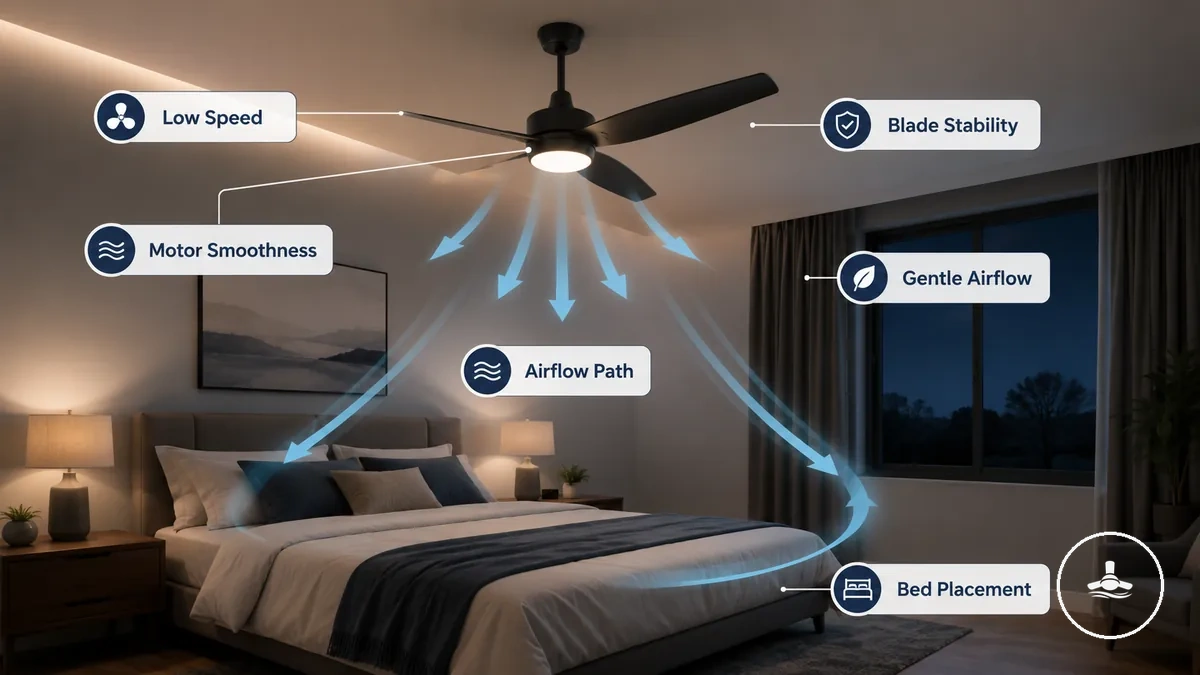 Ventilador de techo con luz para dormitorio mostrando dirección de flujo de aire suave para el sueño
