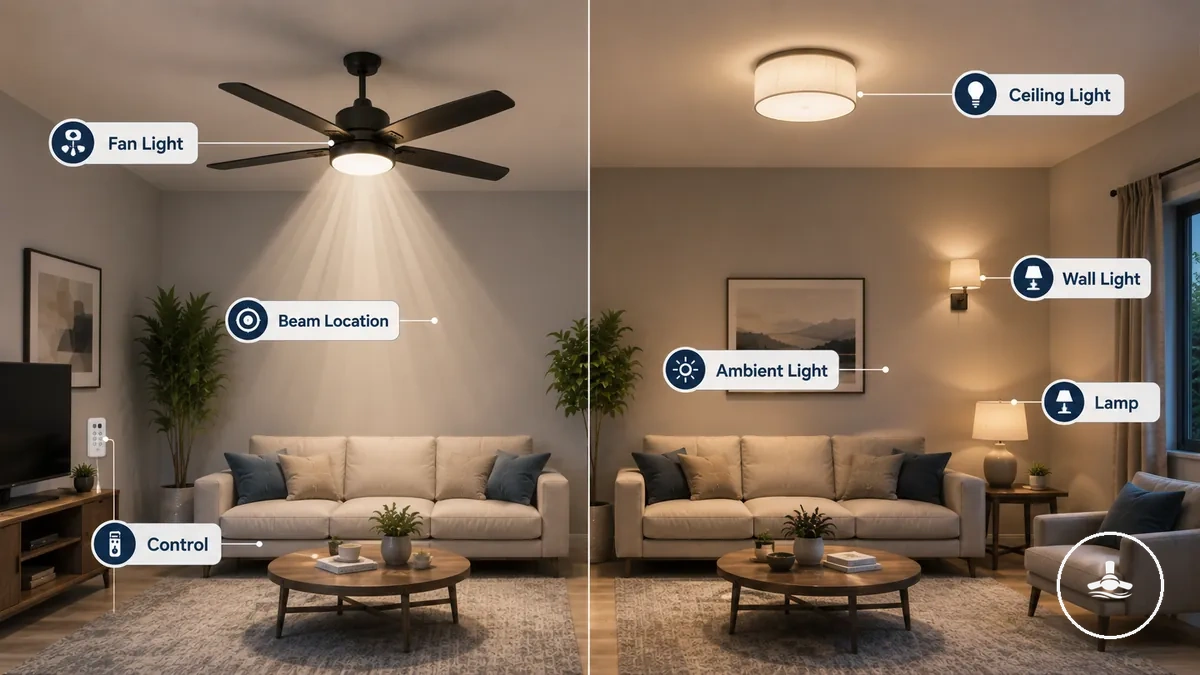 Comparación de la iluminación del ventilador y la iluminación separada de la estancia en una misma habitación