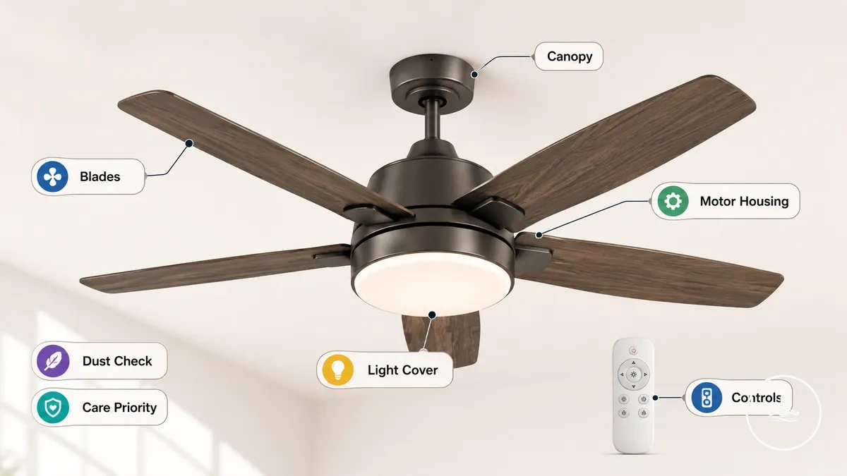 Ventilador de techo con luz etiquetado que muestra aspas, cubierta de la luz, carcasa del motor y controles para limpieza
