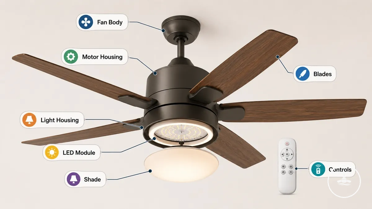 Qué incluyen los ventiladores de techo con luz: partes etiquetadas del ventilador de techo con luz