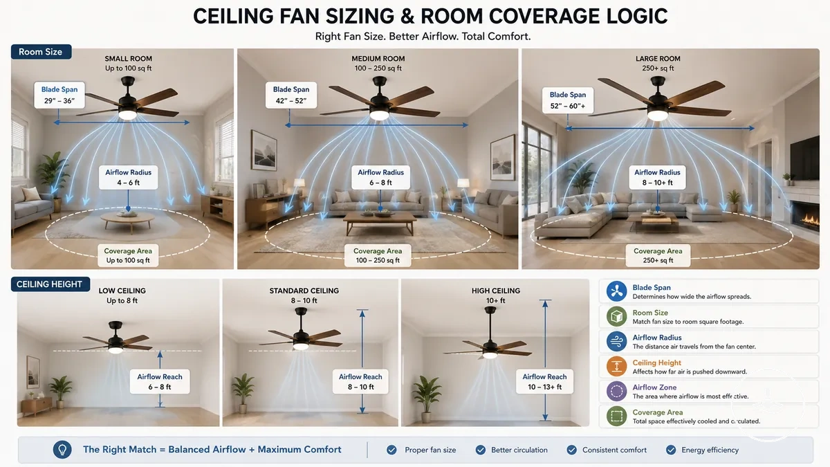 Comparación de diámetros de aspas de ventilador de techo que muestra la cobertura según el tamaño de la estancia y las zonas de distribución del flujo de aire