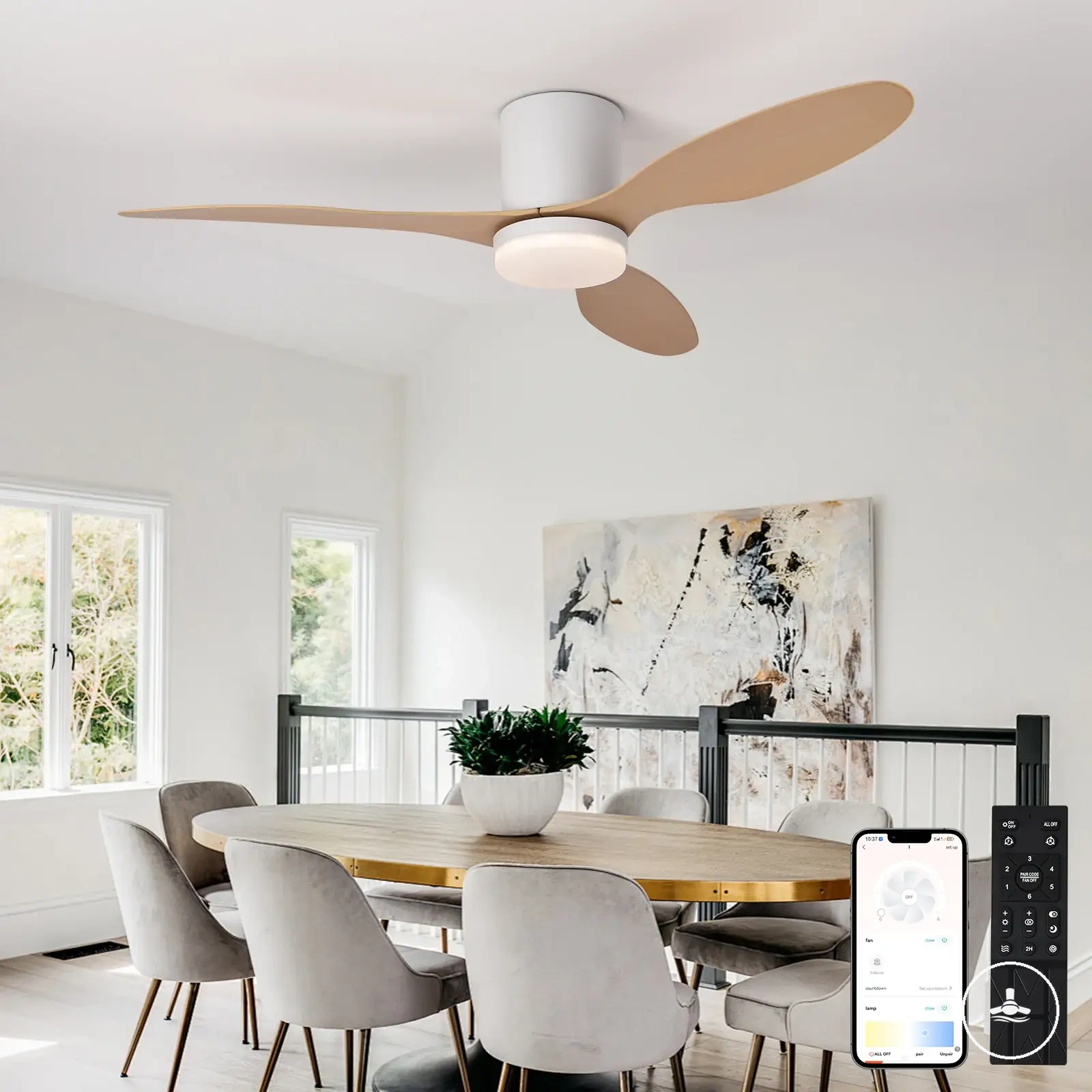 Ventilateur de plafond bas avec moteur DC, télécommande et lumière