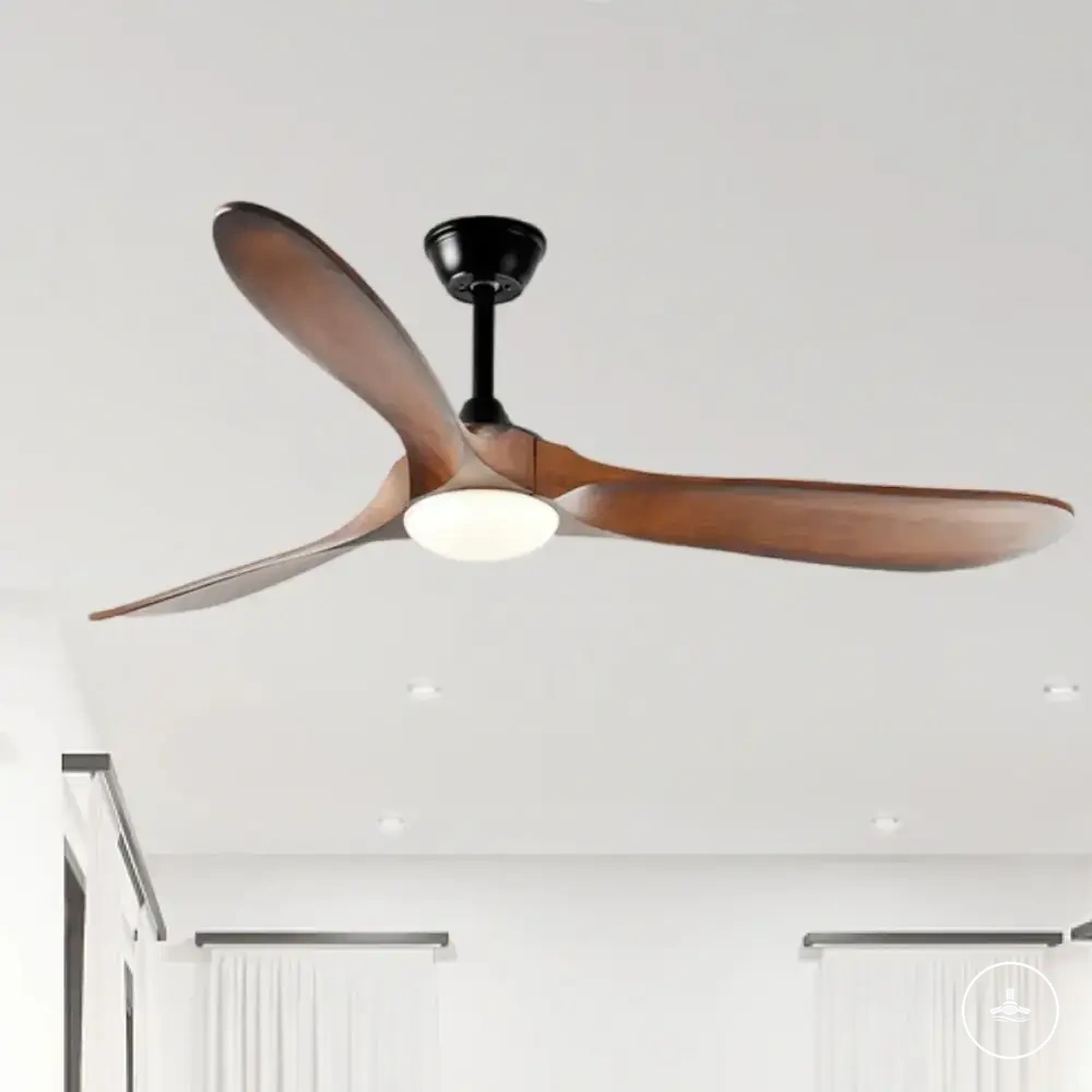 Grand ventilateur de plafond à pales en bois avec lumière, télécommande et moteur DC