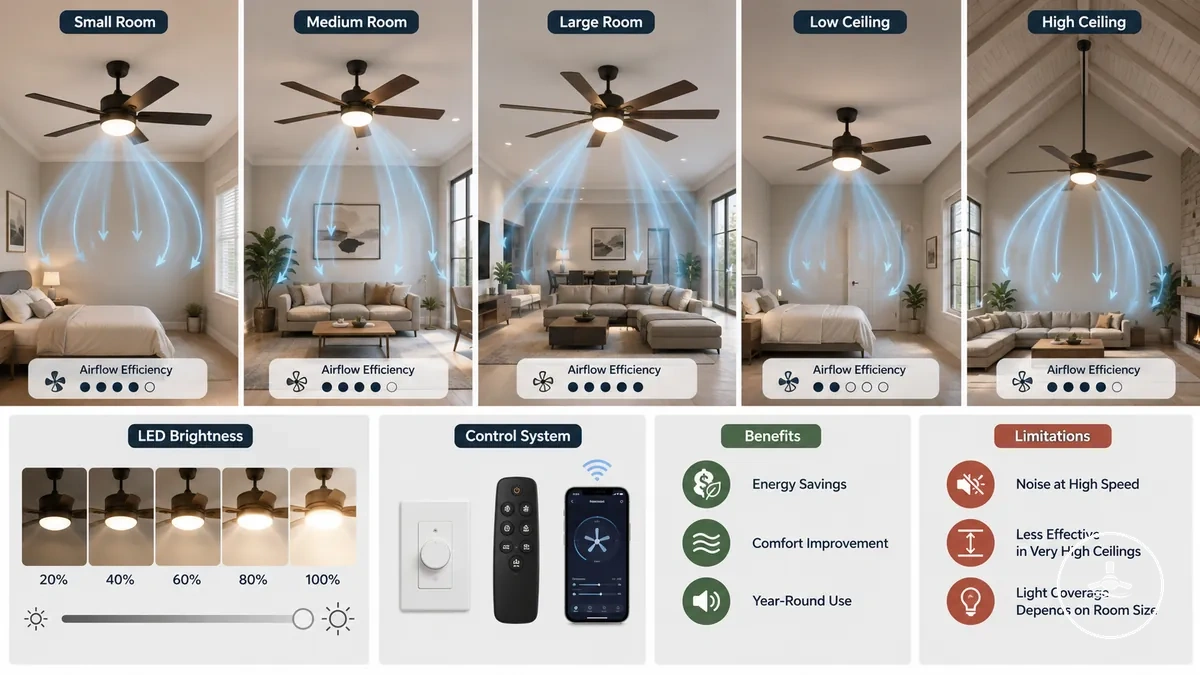 Ventilateurs de plafond avec lumière montrant les variations de taille de pièce, hauteurs sous plafond, effets d éclairage et schémas de flux d air