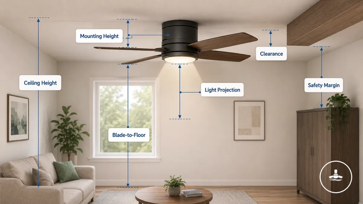 Considérations sur le dégagement et le montage d'un ventilateur de plafond pour installation sur plafond bas