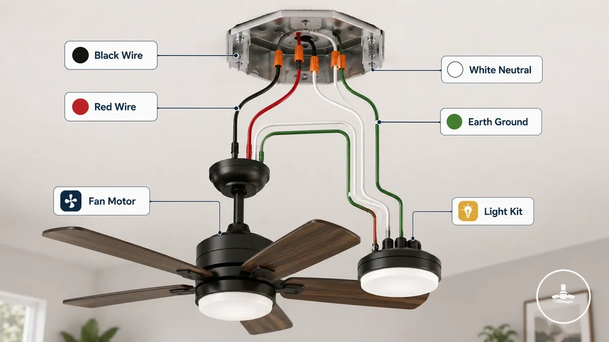 fils noir, rouge, blanc et terre étiquetés dans un exemple de connexion de ventilateur de plafond avec lumière