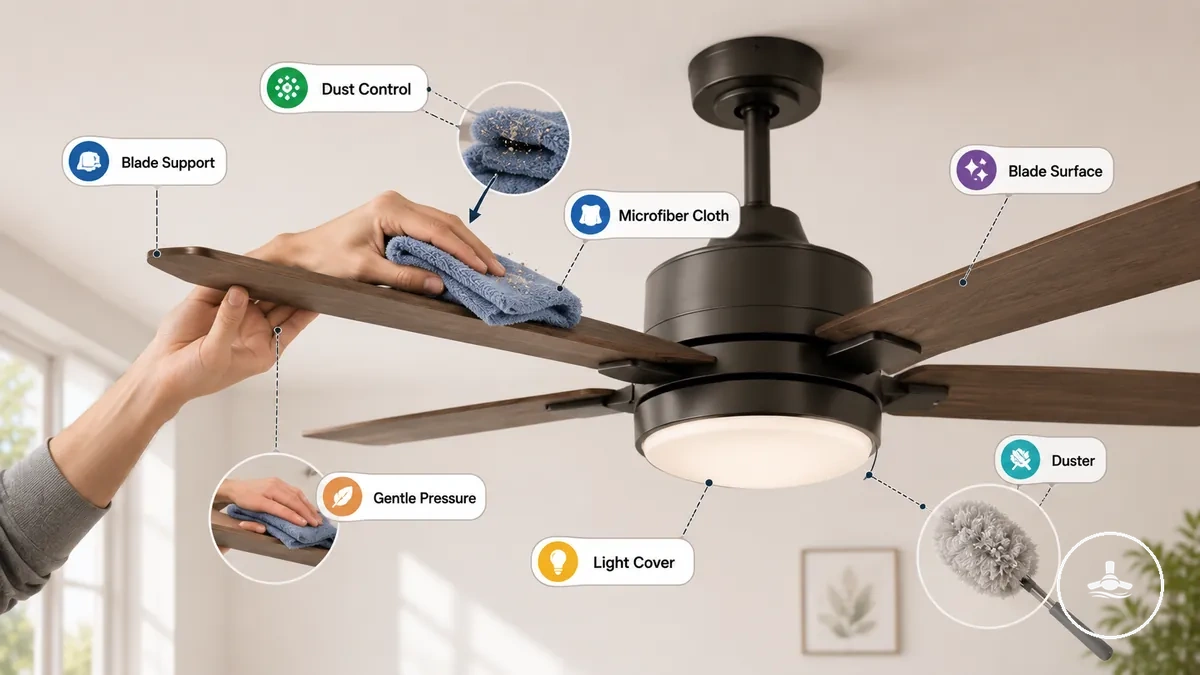 Nettoyage des pales du ventilateur de plafond avec un chiffon en microfibres en soutenant la pale pour contenir la poussière