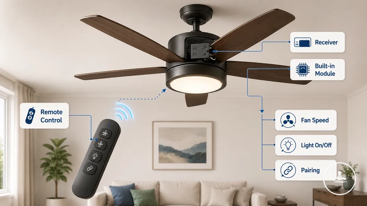 Télécommande et récepteur de ventilateur de plafond annotés montrant les boutons de vitesse du ventilateur et de contrôle de l éclairage
