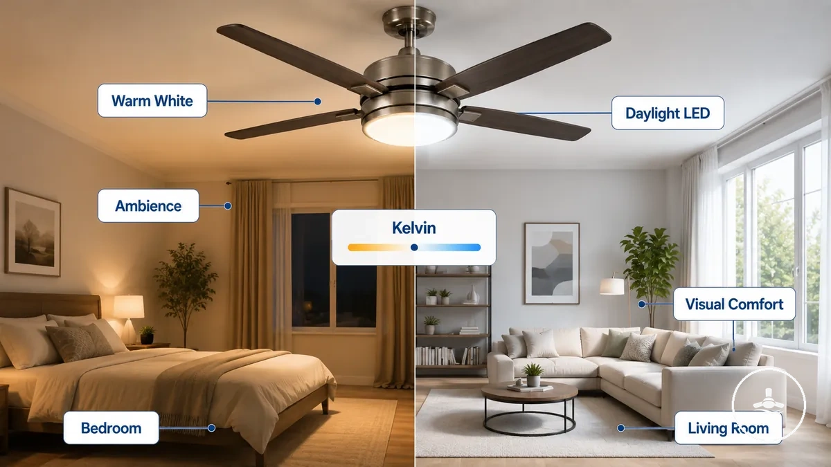 Options de température de couleur dans les éclairages LED de ventilateur de plafond, du blanc chaud à la lumière du jour