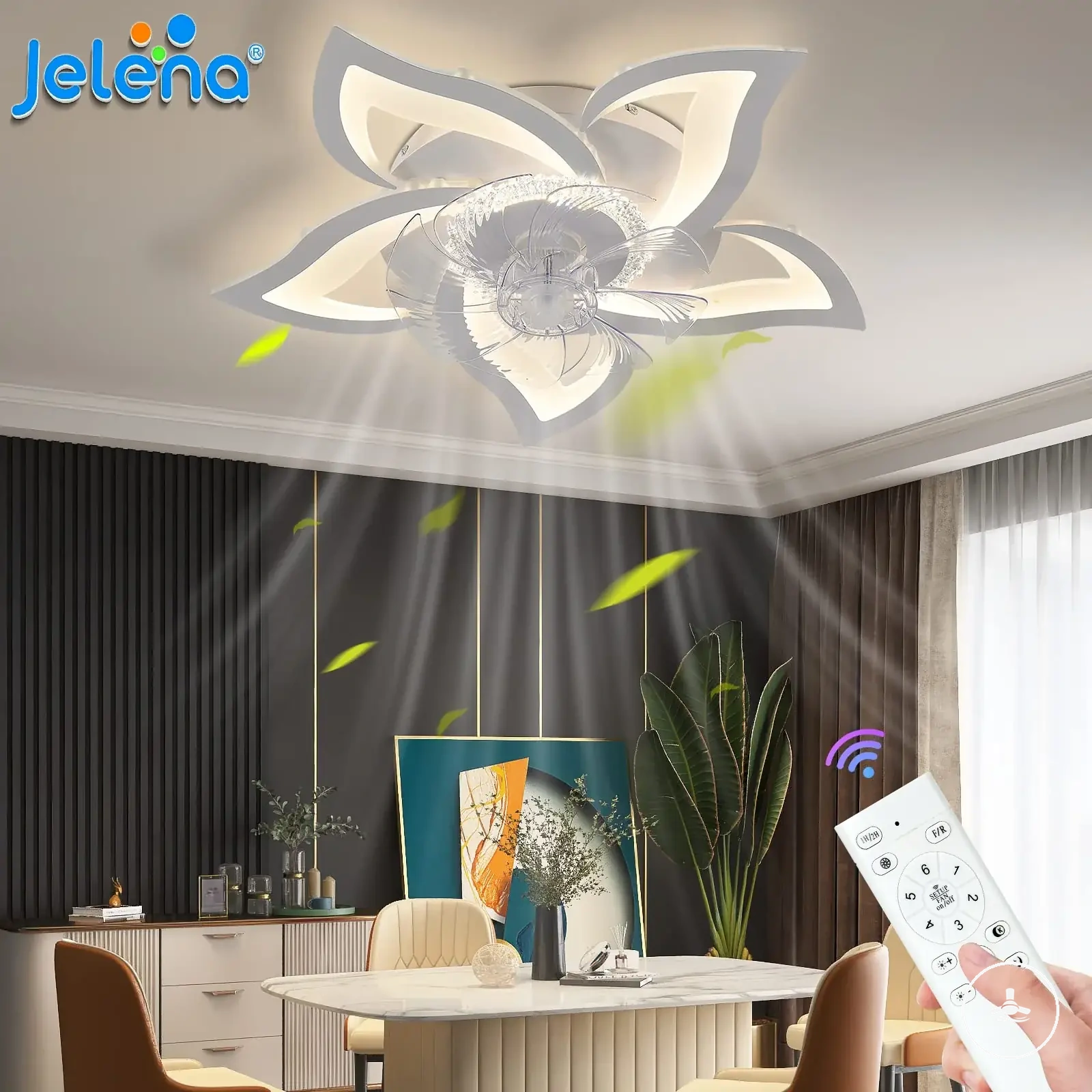 Luz de ventilador de teto plafon em formato de flor com controle remoto e seis velocidades