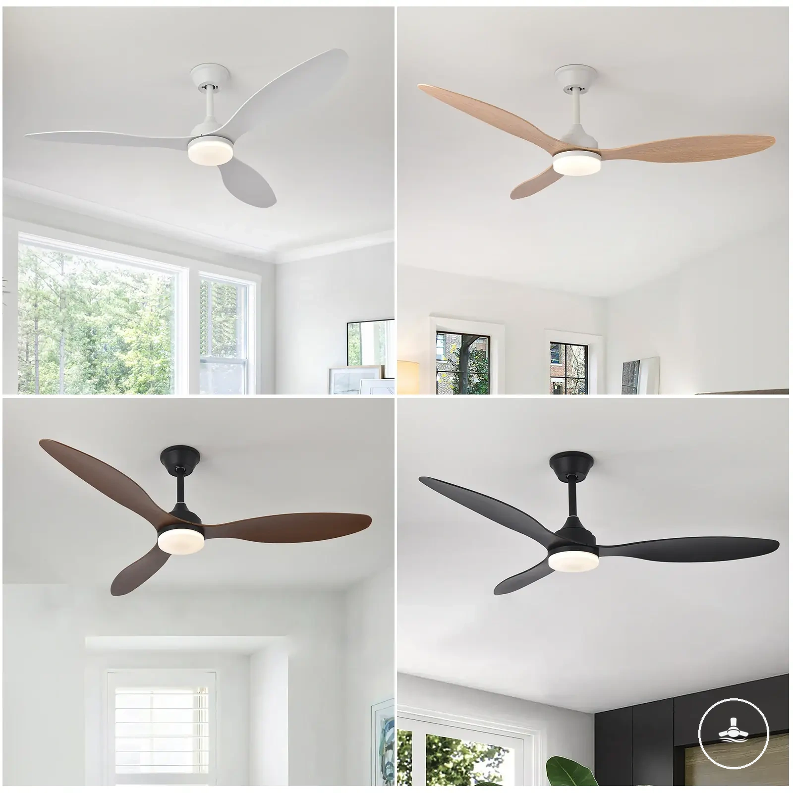 Ventilador de teto de perfil baixo com luz, controle remoto e vários tamanhos de pás