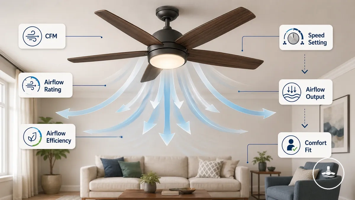 Ilustração explicando a classificação CFM e a eficiência de fluxo de ar para um ventilador de teto com luz