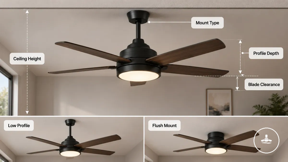Ventilador de teto com luz mostrando espaço de montagem, profundidade do perfil e folga das pás