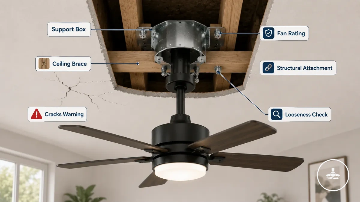 verificação da condição da caixa de suporte e do suporte de teto para ventilador de teto com luz