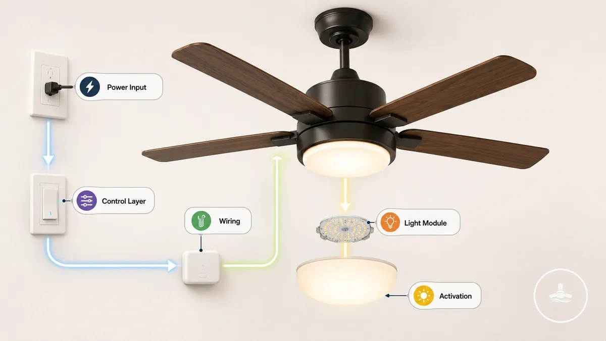Diagrama de fluxo do sistema de luz do ventilador de teto, da entrada de energia à saída de LED