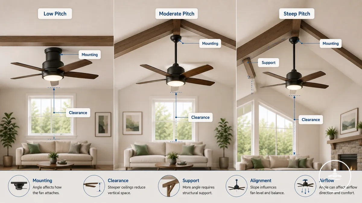 Comparação entre inclinações de teto baixa, moderada e acentuada que afetam a compatibilidade do ventilador de teto
