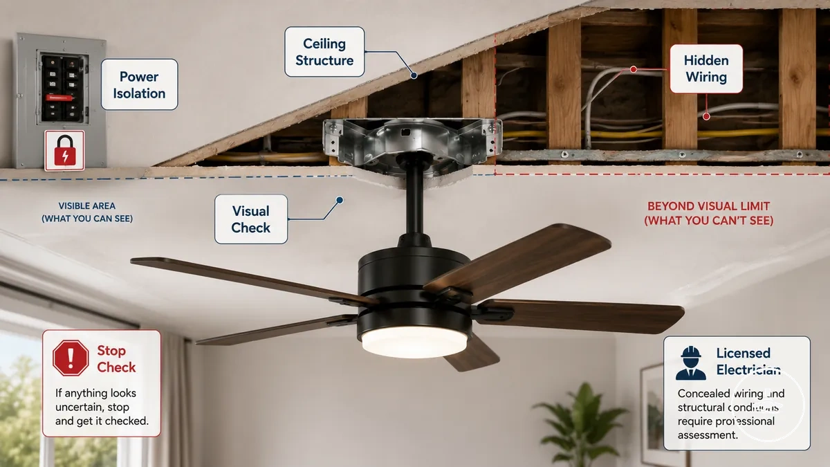 limites de segurança do ventilador de teto com luz mostrando isolamento de energia e limite de inspeção