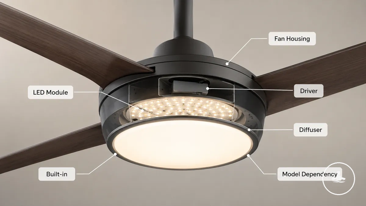 Ventilador de teto com módulo de LED integrado rotulado dentro do invólucro do ventilador