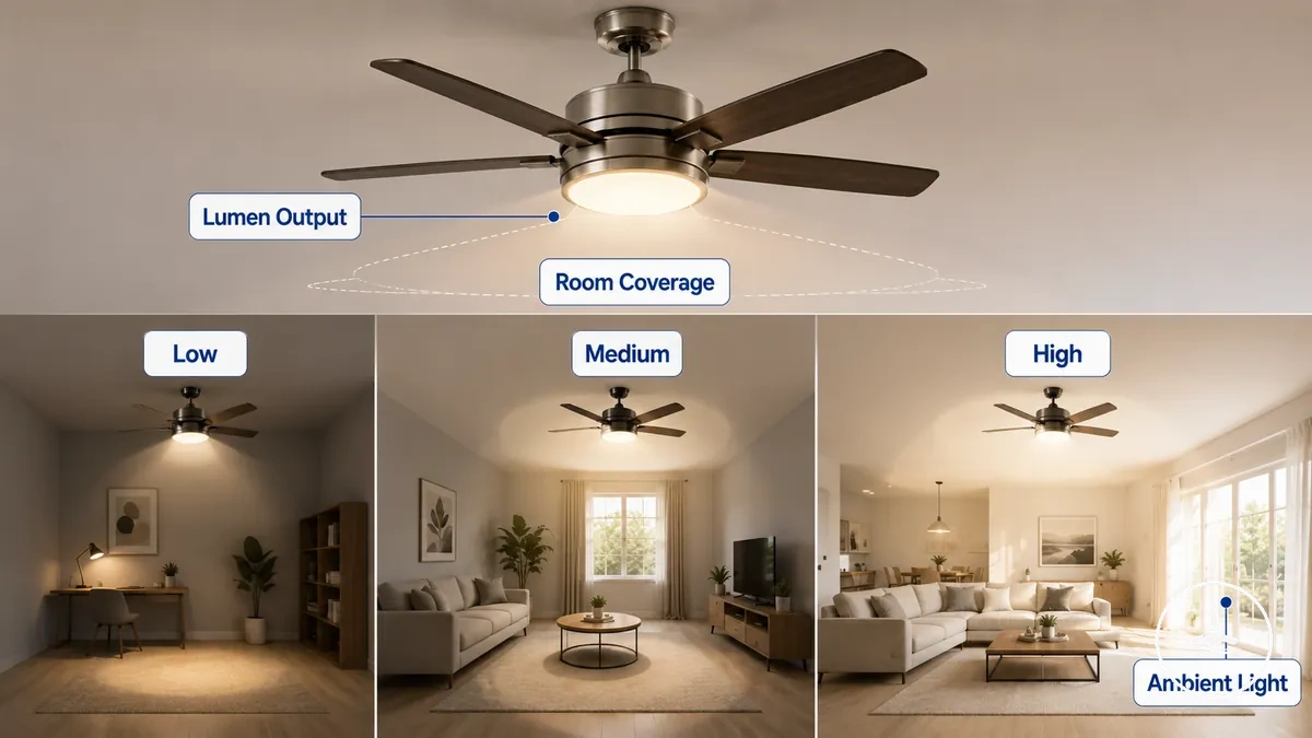 Níveis de brilho e emissão de lúmens em luzes LED de ventilador de teto para cobertura do ambiente