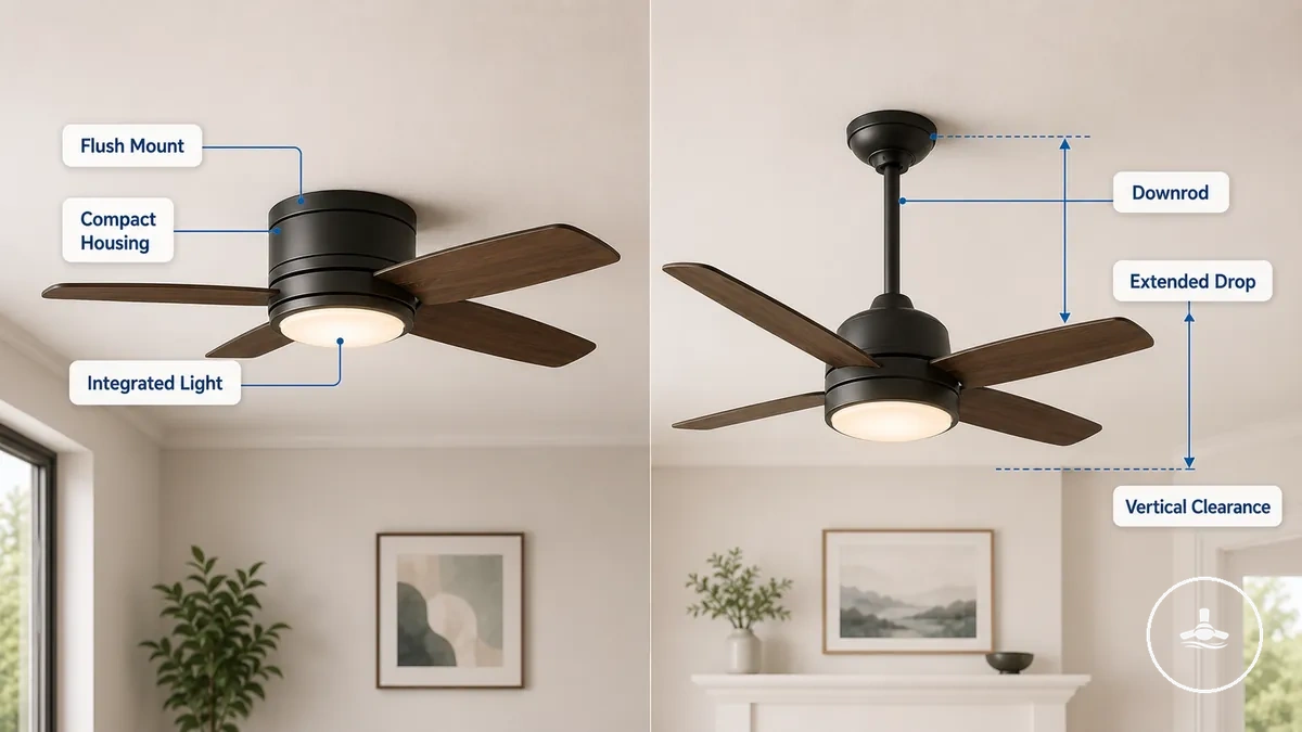 Ventilador de teto de perfil baixo com iluminação integrada montado próximo ao teto