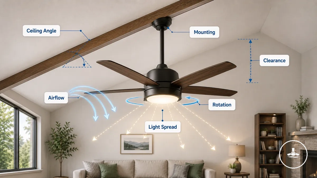 Ventilador de teto com luz em teto inclinado mostrando direção e alinhamento do fluxo de ar