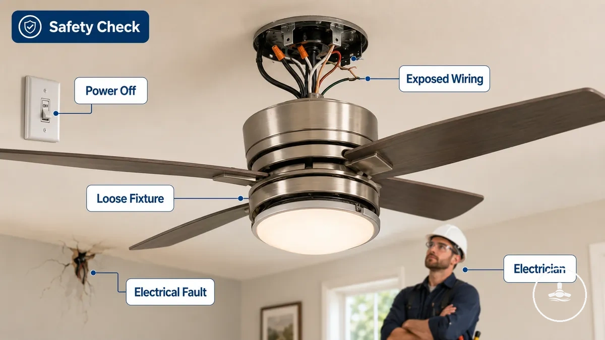 Inspeção de segurança de uma luz de ventilador de teto mostrando fiação e verificações do aparelho