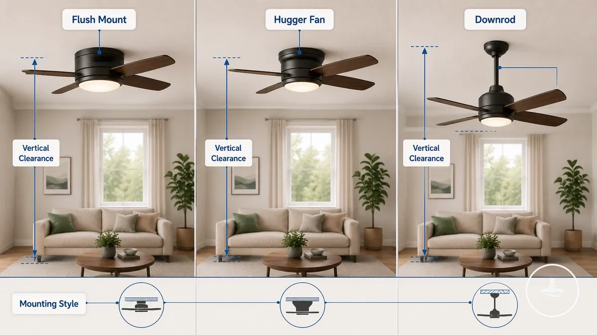 Flush mount, hugger ve downrod tavan vantilatörü montaj stillerinin karşılaştırması