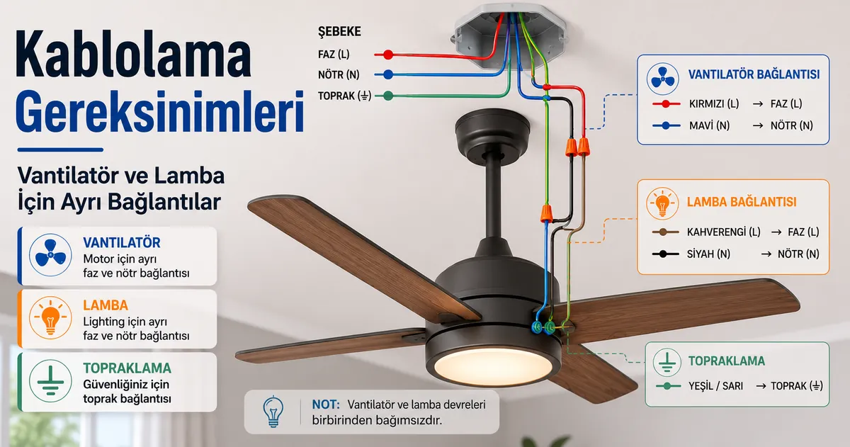 Vantilatör ve lamba için ayrı bağlantıları gösteren ışıklı tavan vantilatörü kablolama şeması
